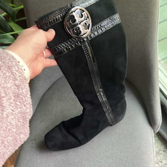 Tory Burch suede black knee high riding boots with snakeskin, good condition! - Picture 8 of 11